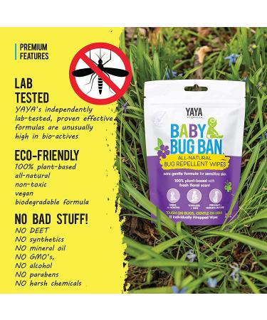 YAYA ORGANICS Baby Bug Ban Insect Repellent Wipes - 48 Wipes, DEET-Free, All-Natural, Non-Toxic for Babies, Kids, Sensitive Skin - Buy Online on GoSupps.com