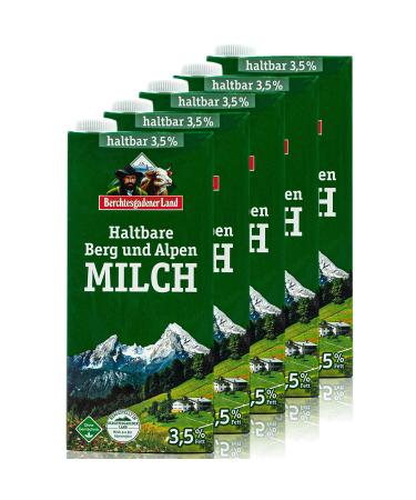Berchtesgadener Land - 5 -pack H -full milk 3.5 % in 1 lit Pack - durable milk from farms from the mountain and alpine region (mountain farmer's milk) coffee 1 l (5 Pack)