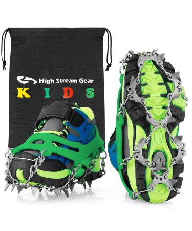 Kids Ice Cleats - Snow Crampons for Hiking Boots & Shoes with 14 Stainless Steel Spikes Small Green