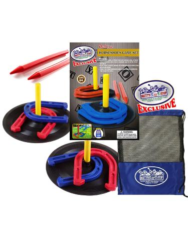 Matty's Toy Stop Deluxe Horseshoes Game Set with 4 Horseshoes, 2 Indoor Pegs with Rubber Mat, Outdoor Pegs and Mesh Travel Storage Bag