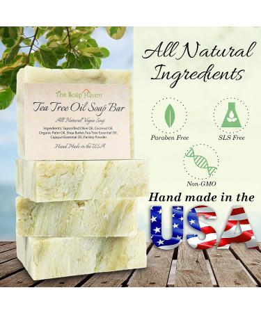 Tea Tree Oil Soap Bars - Handmade in USA, 4 Natural Bars for Face, Body, Hand & Foot Wash - Fights Acne, Itch & Body Odor - Non-GMO Ingredients - Buy Online on GoSupps.com