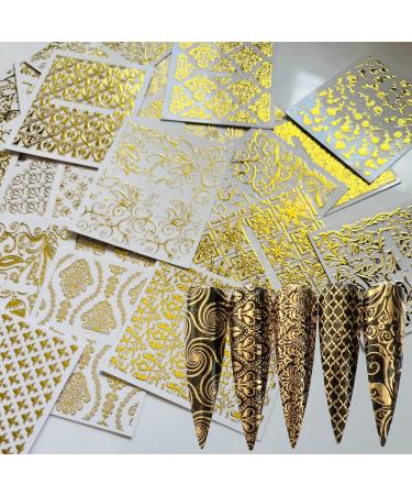 NAIL ANGEL 26Sheets Nail Art Adhesive Sticker Sheets Different Gold Color Luxury Shapes Sticker Nail Art Deco 10300