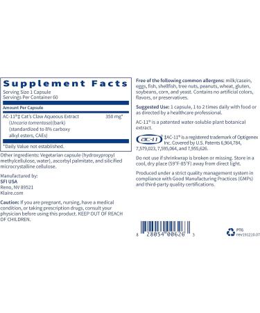 Klaire Labs Protectagen - AC-11 Uncaria Tomentosa TOA Free Cat's Claw (60 Capsules) - Buy Online on GoSupps.com