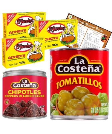 Go2 Groceries Mexican Spice Set: El Yucateco Achiote Paste (100G) La Costena Chipotles (199G) Tomatillos (794G) with Recipe Card