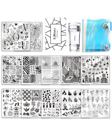 LiBiuty Nail Art Stamping Plate Kit, 12PCS Stamp Stencil Plates with Different Image Flower Leaves Animal Lace Pattern, 1 Silicone Double Sided Clear Stamper, 1 Scraper, 1 Template Storage Bag