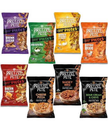 Pretzel Pete Pieces Pretzel Snack Pick N Mix | Choose From 8 Flavours | Buffalo Blue Cheese Pizza Cinnamon Honey Mustard Jalapeno Smokey Bacon BBQ Sour - Pack of 4 X 160g