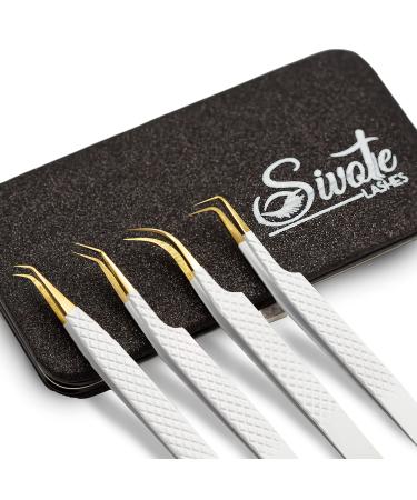 SIVOTE Professional Volume Lash Tweezers for Eyelash Extensions with Diamond Grip, Set of 4, White 4 Pack White