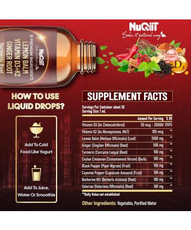 NUQIIT 10in1 Lemon Balm Tincture Blend Includes Vitamin D3 Vitamin K2 Lemon Balm Ginger Turmeric Ceylon Cinnamon and More - 1 FL Oz - 60 Day Supply - Buy Online on GoSupps.com