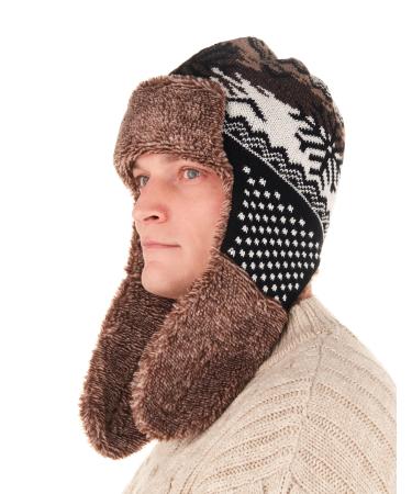 Team Snowflake Winter Trapper Hat for Men - Fun Ushanka Hat with Ear Flaps Brown - Brown