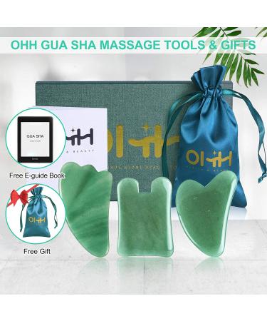 Gua Sha Massage Tools Set - Aventurine Natural Stone Guasha Board for Face and Body - Facial Massager for SPA and Trigger Point Treatment - Pack of 3 Green - Buy Online on GoSupps.com