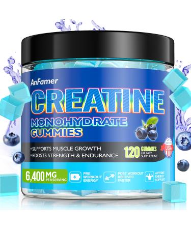 Creatine Monohydrate Gummies for Men & Women Increase Strength and Build Muscle Energy & Booty Gain Preworkout Supplement Sugar Free Vegan Chewables Blueberry Flavor-120 Count