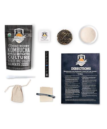1-Gallon Kombucha Brewing Starter Kit | USDA Organic Kombucha SCOBY- Pellicle With 1.5 Cups Starter Tea | Organic Sugar | Organic Tea Blend| Thermometer | pH Strips | Breathable Cover and Rubber Band