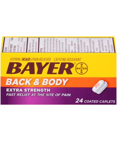 Bayer Back & Body Aspirin 500mg Coated Tablets | Pain Reliever with 32.5mg Caffeine | 24 Count