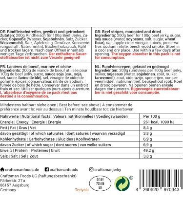  CRAFTSMAN FINEST FOODS Craftsman Beef Jerky TERIYAKI 500 g (5 x 100 g) dry meat from Germany Bavaria American Jerky Beef 100% beef Teriyaki Premium Beef Made in Germany - Buy Online on GoSupps.com