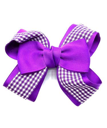 Girls Gingham Hair Bow Clips School Hair Accessories Girls Hair Bands 12cm (Purple)