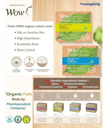 WOW Premium Organic Cotton Medium Pads 25cm - 12 Pack, USDA Certified Natural Sanitary Napkins with Wings for Sensitive Skin - Buy Online on GoSupps.com