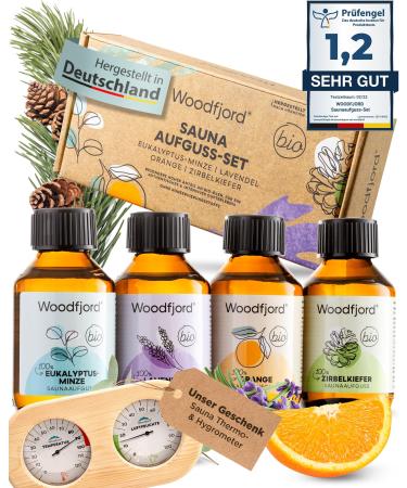 Woodfjord Sauna infusion Set Bio Classic including sauna thermometer and hygrometer I 4 Different sauna fragrances and oils 100 ml I sauna infusion set for authentic and sustainable sauna experiences SET Classical (organic) Set including sauna thermometer