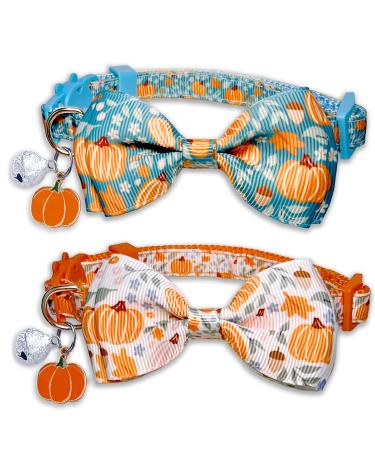 Fall Bow Tie Pumpkin Cat Collar Set with Bell, Autumn Thanksgiving Harvest Holiday Cat Collar for Boys and Girls Kitty Kittens Pumpkin Patch