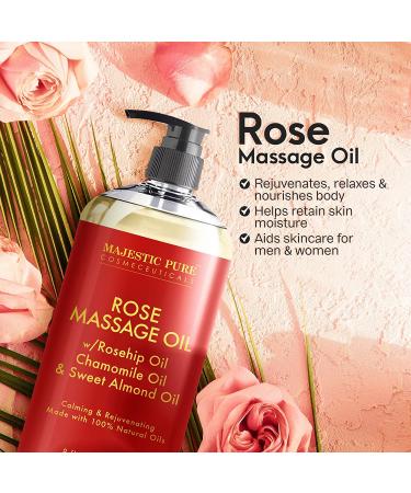 MAJESTIC PURE Rose Massage Oil - Hydrating, Calming & Relaxing Body Oil - Therapeutic Grade, Made in USA - 8 fl oz - Buy Online on GoSupps.com