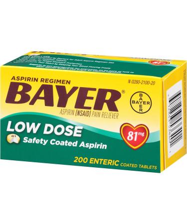 Bayer 81mg Enteric Coated Aspirin 200 Count - Pain Reliever/Fever Reducer - Buy Online on GoSupps.com