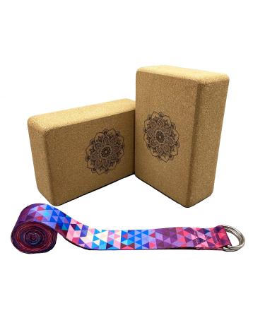 Aozora Cork Yoga Block Sustainable & Eco Friendly 2 Pack and Yoga Strap Set Made of The Finest Natural Cork for Better Support, Balance & Comfort Mandala, 9*6*4(2pack)