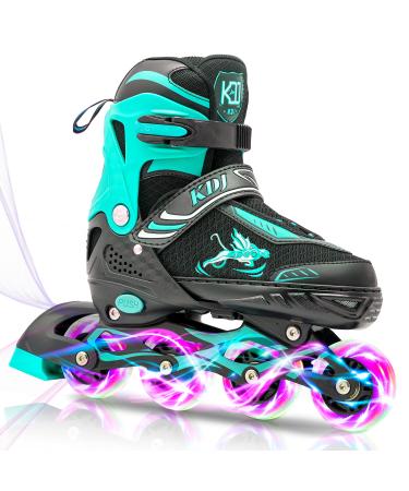 Inline Skates for Kids,Roller Blades,Adjustable Roller Skates with 4 Illuminating Pu Wheels,Outdoors Indoors Roller Blades for Boys Girls Beginners Green Medium - Big Kids (1 - 4 US)