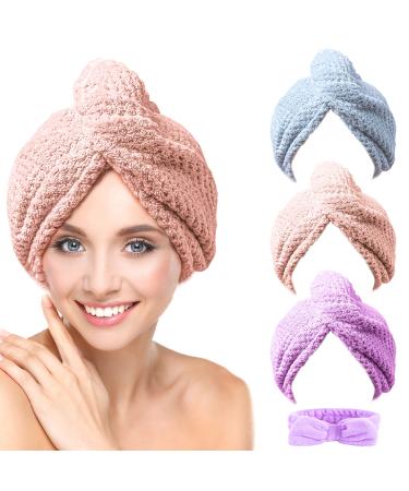 Microfiber Hair Towel Wrap CHOOBY 3+1 Pack Hair Towel  Quick Dry Super Absorbent Hair Towel Wrap for Women Girl Family Curly Long & Thick Wet Hair Anti Frizz Button Choose Design (Pink/Purple/Gray)