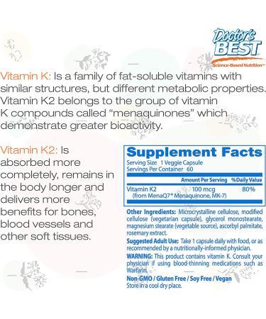 Doctor's Best Vitamin K2 MK-7 100 mcg - MenaQ7 60 Veggie Caps | Natural Bone & Heart Health - Buy Online on GoSupps.com