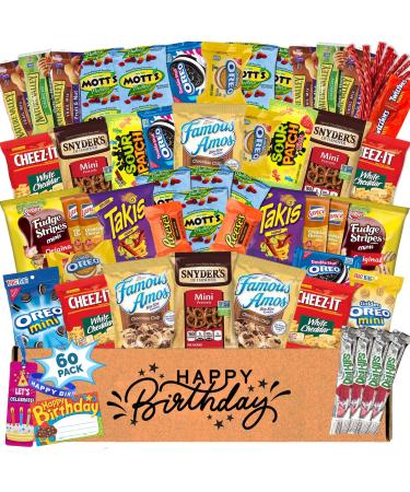 Birthday Gift Basket Care Package (60 Count) Snacks Food Cookies Chips Candy Party Variety Gift Box Pack Assortment Basket Bundle Mix Bulk Sampler Treat College Students Kids Teens Office School