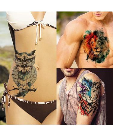 VANTATY 54 Sheets Large Watercolor Temporary Tattoos - Tribal Wolf Lion Tiger Owl Flower Designs for Men and Women - Long Lasting Fake Tattoos for Thigh, Arm, and Chest - Buy Online on GoSupps.com