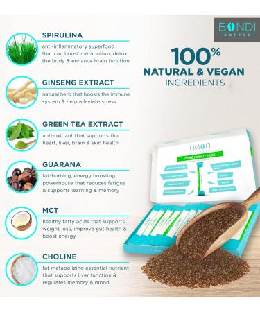 Bondi Coffee Lean-Green 28 Sachets - Instant Superfood Energy Coffee with Healthy Spirulina Ginseng Green Coffee MCT Choline 100% Natural Caffeine - Vegan - Buy Online on GoSupps.com