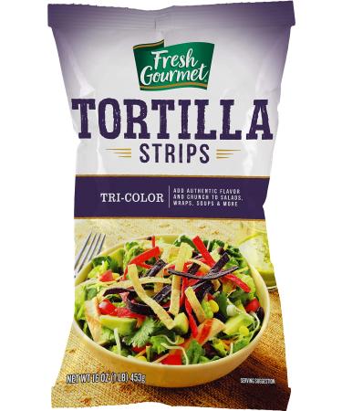 Fresh Gourmet Tri | Color Tortilla Strips | 1 Pound | Low Carb | Crunchy Snack and Salad Topper Tortilla Strips Tri-Color 16 Ounce (Pack of 1)