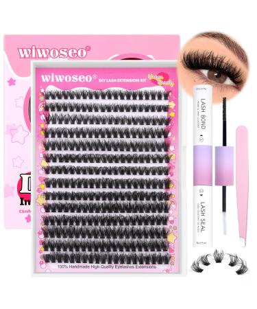 wiwoseo Fluffy Cluster Lashes Natural Look Russian Lash Extension Kit with Lash Bond and Seal Lash Glue Russian Individual Eyelashes Kit for Self Application at Home(0.07D Volume 50P 9-16MM) F-cluster lashes kit 9-16MM-ii
