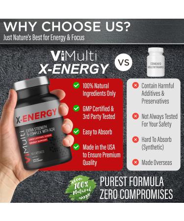 X-Energy Extra Strength B Complex with Caffeine & Vitamin B12 Energy Support with B1 B2 B3 Niacin B6 Folic Acid Biotin B5 Taurine Ginseng Rhodiola Maca Acai & Spirulina 60 Capsules - Buy Online on GoSupps.com
