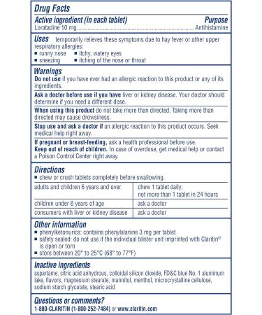Claritin 24 Hour Chewable Cool Mint Flavored Tablets - 24 Count Pack - Non-Drowsy Allergy Relief Medicine with Loratadine Antihistamine - Buy Online on GoSupps.com