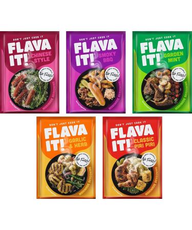 Flava It Seasoning Spices Marinade 12 x 35g - 5 Flavours Mix (Chinese Style Smokey BBQ Garden Mint Garlic & Herb Piri Piri) - Buy Online on GoSupps.com