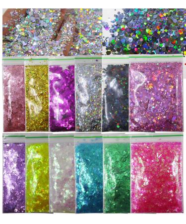 12 Colors Hexagon Chunky Glitter Crafts Sequins Holographic Gold Silver Black Mylar Pink Sparkles Nail Art Flakes for Resin/Makeup/Nail Tips