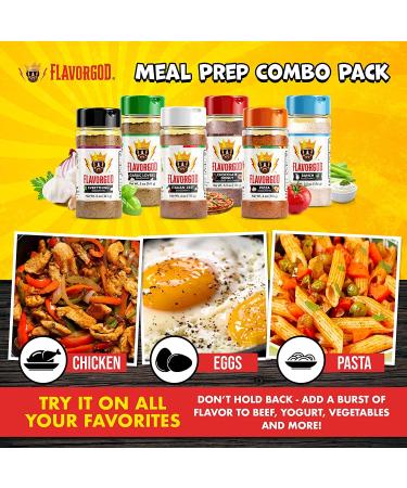 Flavor God Meal Prep Spices Combo Pack of 6 - Premium Natural & Healthy Seasoning Gift Set for Garlic Lovers, Italian Zest, Chocolate Donut, Ranch, Pizza - Low Sodium Blend for Chicken, Beef, Seafood & Steak - Buy Online on GoSupps.com