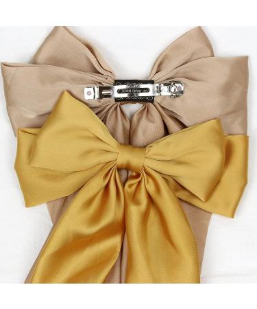 Satin Hair Barrettes Clip for Women - 4 PCS Large Bow Hair Slides in Pink Green Yellow Champagne - French Barrette with Long Tail - Soft Plain Color Bowknot Hairpin for 90's Style Accessories - Buy Online on GoSupps.com