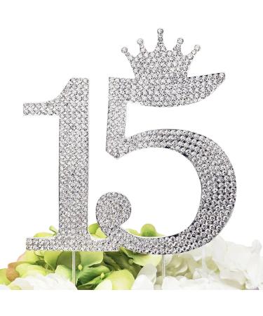 Number 15 Quinceanera Rhinestone Princess Crown Monogram Cake Topper - Sweet 15th Birthday Party (Silver)