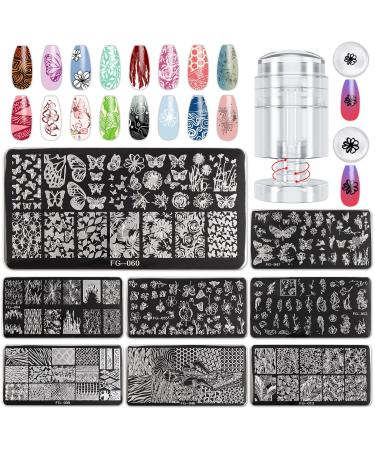 EBANKU 8 PCS Nail Stamping Plates Flowers Butterfly Leaf Ripple Nail Art Stamping Templates with 1 Rotate Nail Stamper & 1 Nail Scraper for DIY Nail Art Decoration