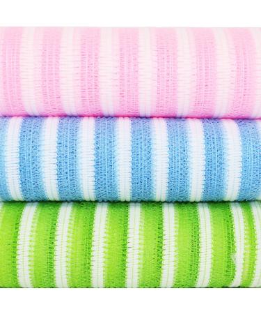 Exfoliating African Net Bath Wash Cloths - 35.5 x 11 inches Pack of 3 - Pink(Soft) Blue(Medium) Green(Frim) - Elastic Durable and Gentle Body Scrub Cloth for Effective Cleaning - Korea Made 3 Colors (Light Blue Natura...