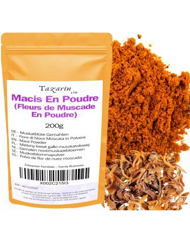Tazarin LTD 200g Macis Powder - Ground Macis Nutmeg Flower Powder - Intense Aroma & Taste - 100% Natural High Quality - No Additives TazarinLtd
