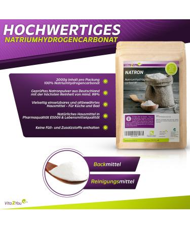 Vita2you Natron Powder 2000g - Premium Baking Powder | Food Grade Sodium Bicarbonate | Buy 2kg Backsoda Online - Buy Online on GoSupps.com