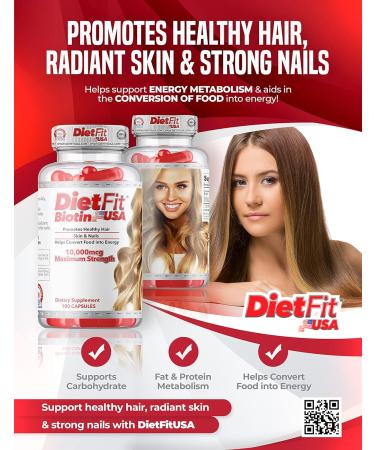 DietFit Biotin 10,000mcg Maximum Strength - Promotes Healthy Hair, Skin, and Nails - Supports Energy Metabolism - 100 Capsules - Buy Online on GoSupps.com