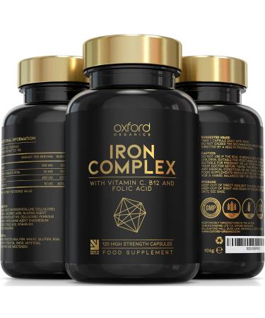 Vegan Iron Tablets High Strength | 120 Daily Gentle Iron Tablets 14mg | Iron Supplements for Women & Men | 1 a day Ferrous Fumarate Vitamins C B12 & Folic Acid Iron Supplement Capsules | Made in UK