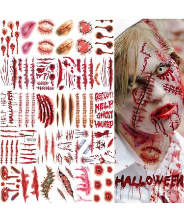 VANTATY Halloween Fake Scars Tattoo Kit - 215+ PCS, 30 Sheets, 3D Temporary Makeup for Adults and Kids - Zombie, Stitches, Blood, Wound Designs - Buy Online on GoSupps.com