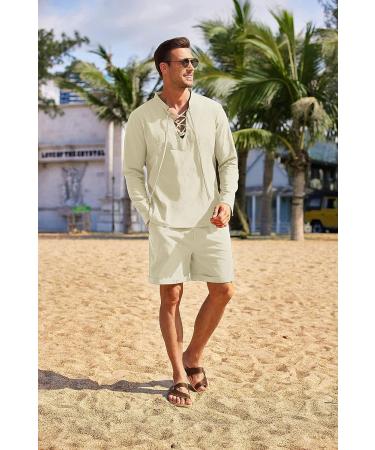 COOFANDY Men's Cotton Linen 2-Piece Set: Henley Shirts & Beach Shorts - Beige XL - Buy Online on GoSupps.com