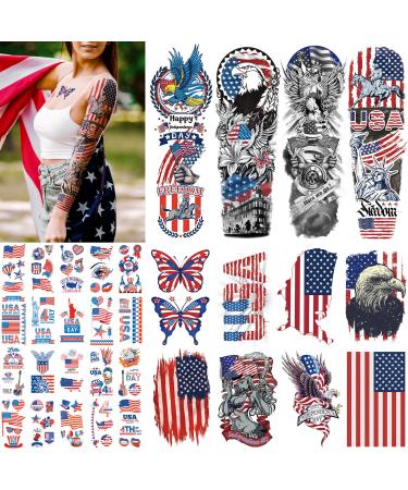 RainFlowwer 4th of july Temporary Tattoo for Adults Kids  Independence Day Sleeve tattoo  USA Flag Full Arm tattoo Blue Red White Fake Tattoos