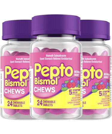 PEPTO Bismol Chews, Fast and Effective Digestive Relief from Nausea, Heartburn, Indigestion, Upset Stomach, Diarrhea, Berry Mint Flavor, 72 Chewable Tablets (Packaging May Vary)